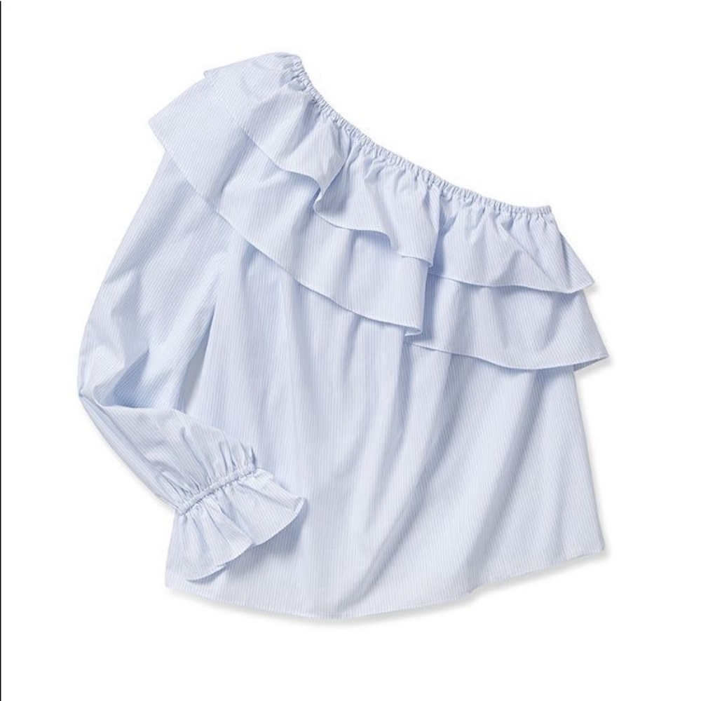 Blue Pinstripe One Shoulder Ruffled Blouse